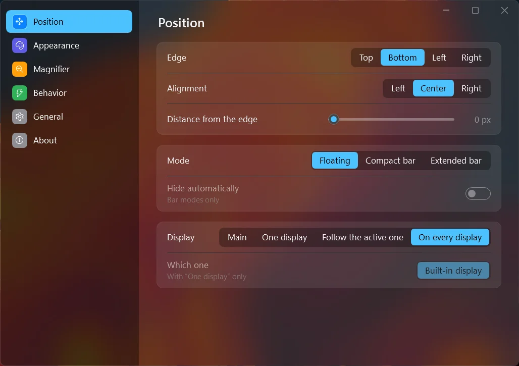 Real Pragmaxy Dock Position settings in dark theme, with edge, alignment, mode and monitor controls